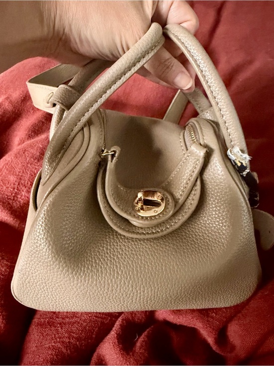 None Handbags - Structured Taupe Satchel with Gold Turnlock